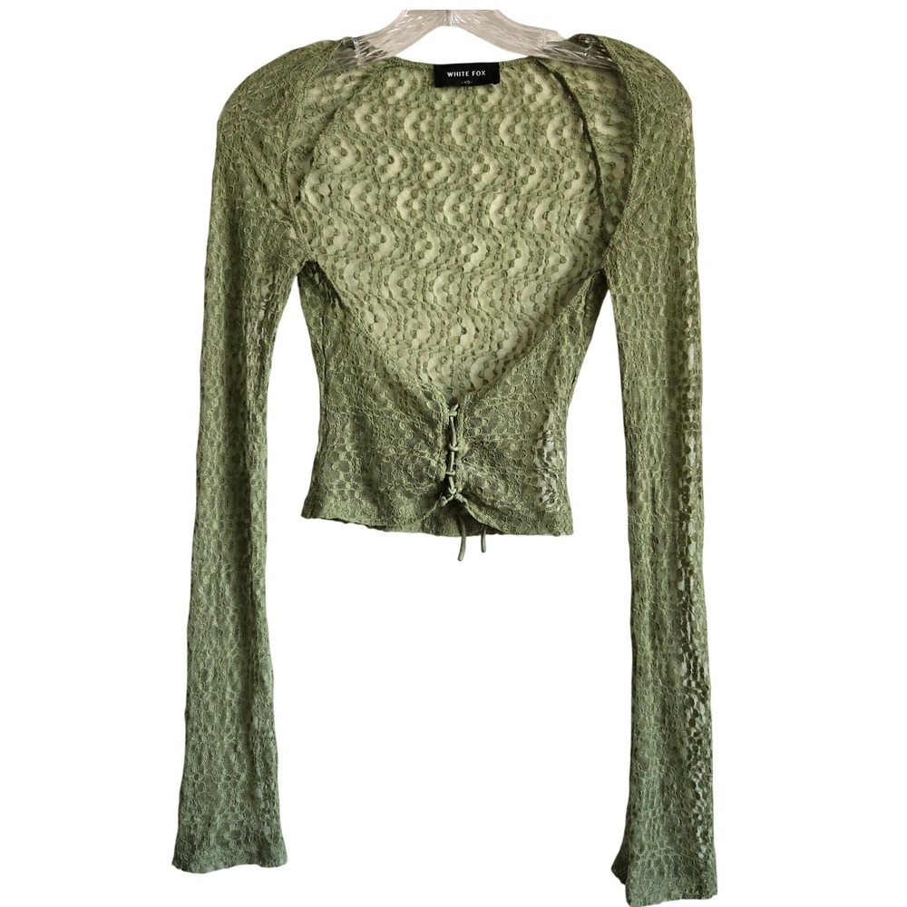 White Fox XS Lace Up Crop Top Womens Green Excellent Sheer Long Sleeve Sage